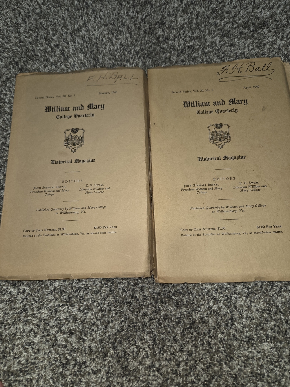 Lot of 2 WILLIAM AND MARY QUARTERLY Historical Magazine 1940